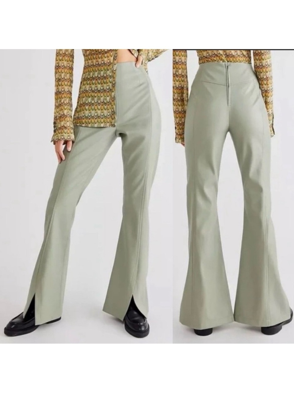 NEW Free People Real Deal Slit Flare Vegan Faux Leather High Rise Pants: Green